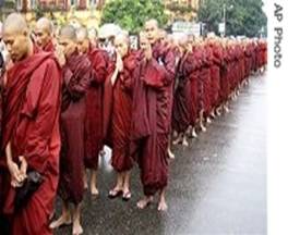 Buddhist monks march and pray during a protest in  Rangoon, 22 Sep 2007
